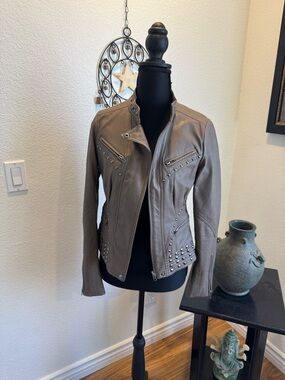 XXI Brand Taupe Studded Faux Leather Moto Jacket